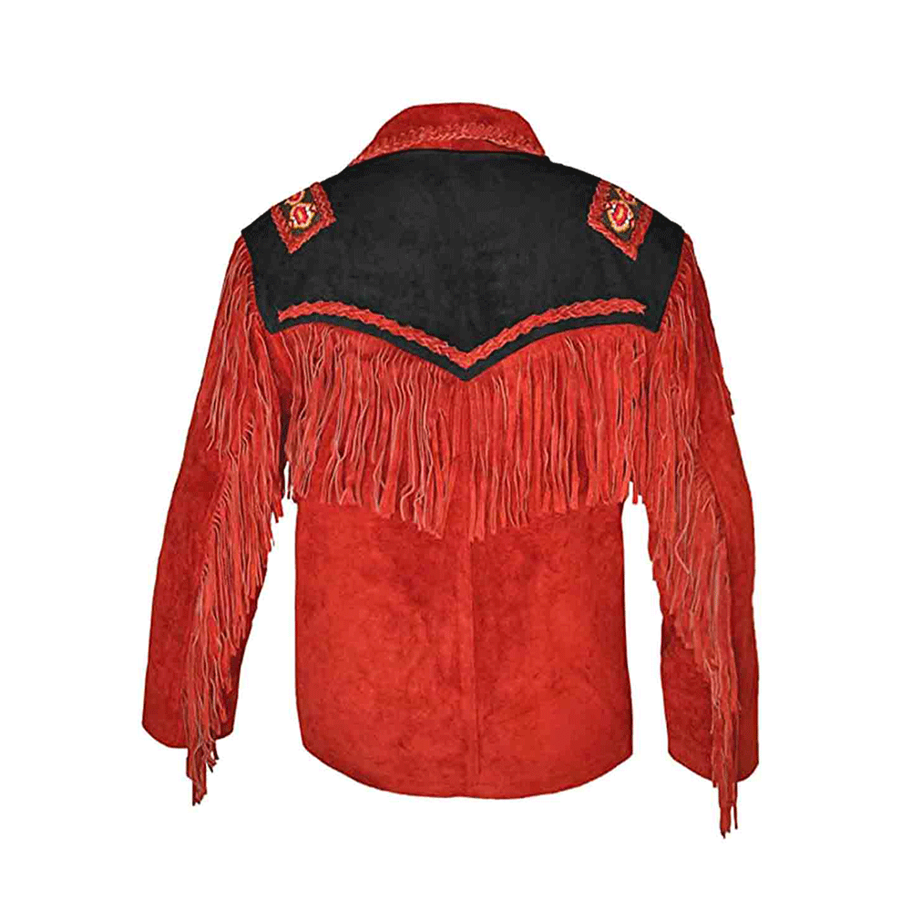 Red Suede Leather Native Bone Beaded Fringe Jacket for Mens NSJ630