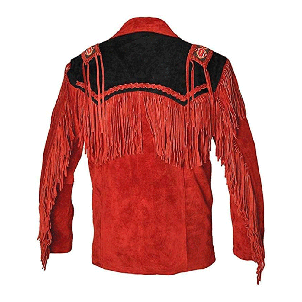 Red Suede Leather Native Beaded Fringe Jacket for Mens NSJ627