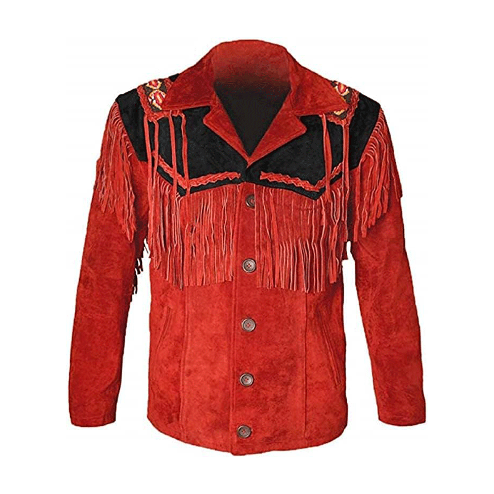 Red Suede Leather Native Beaded Fringe Jacket for Mens NSJ627