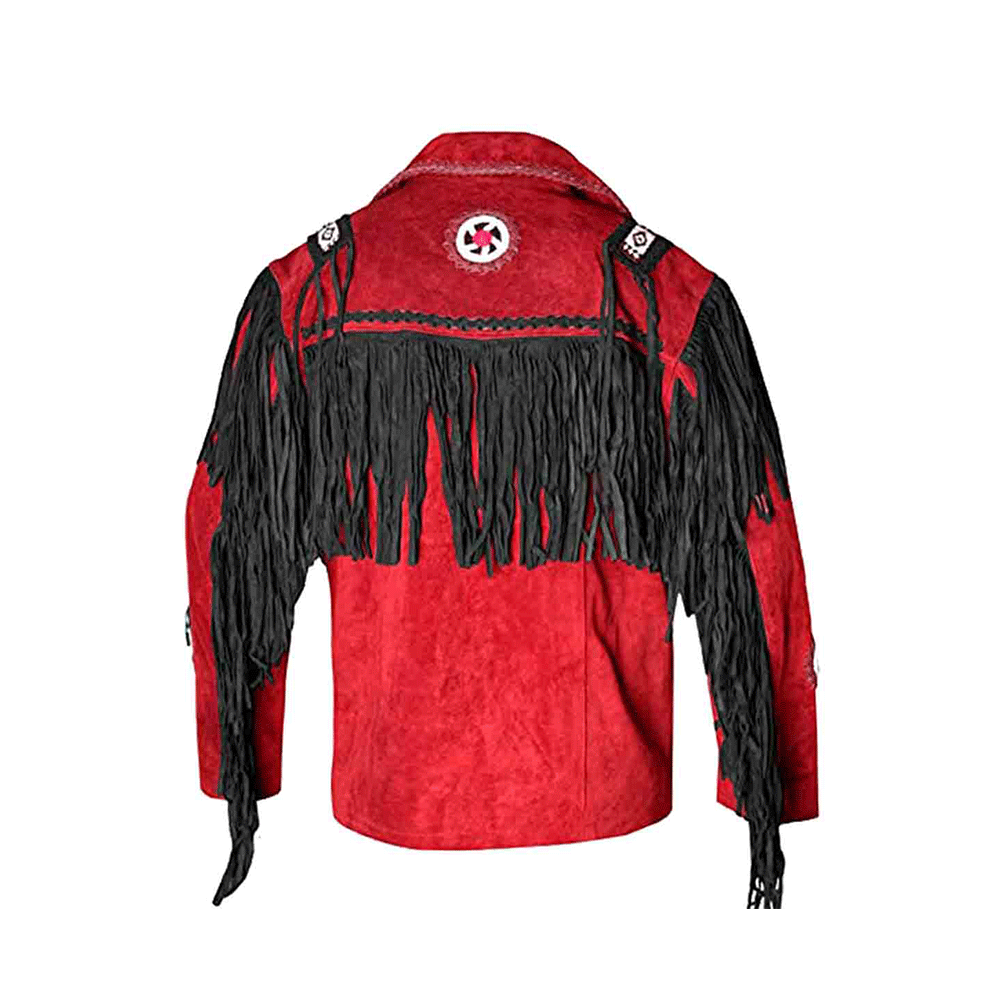Red Suede Leather Native Beaded Fringe Jacket for Mens NSJ629