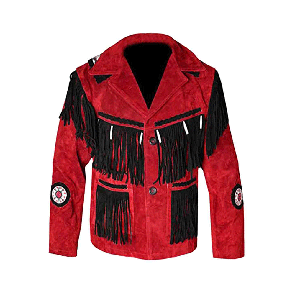 Red Suede Leather Native Beaded Fringe Jacket for Mens NSJ629