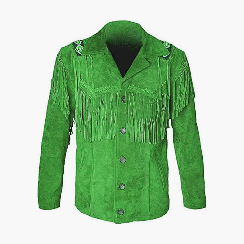 Green Suede Leather Native Beaded Fringe Jacket for Mens NSJ554