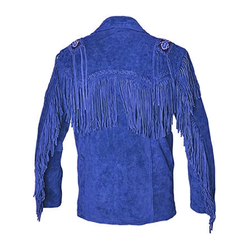 Blue Suede Leather Native Beaded Fringe Jacket for Mens NSJ506