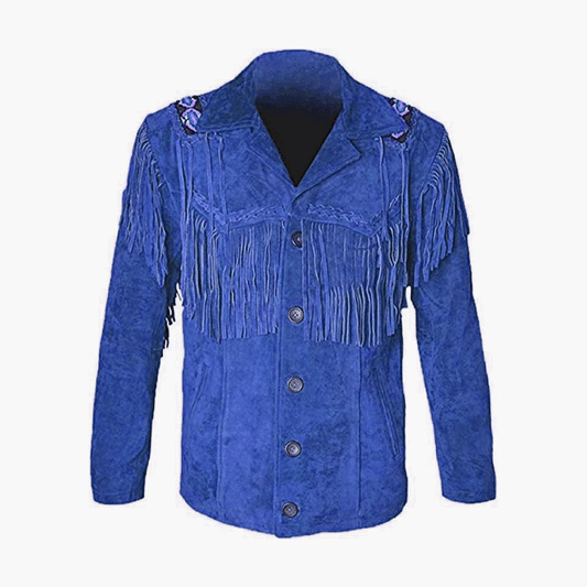 Blue Suede Leather Native Beaded Fringe Jacket for Mens NSJ506