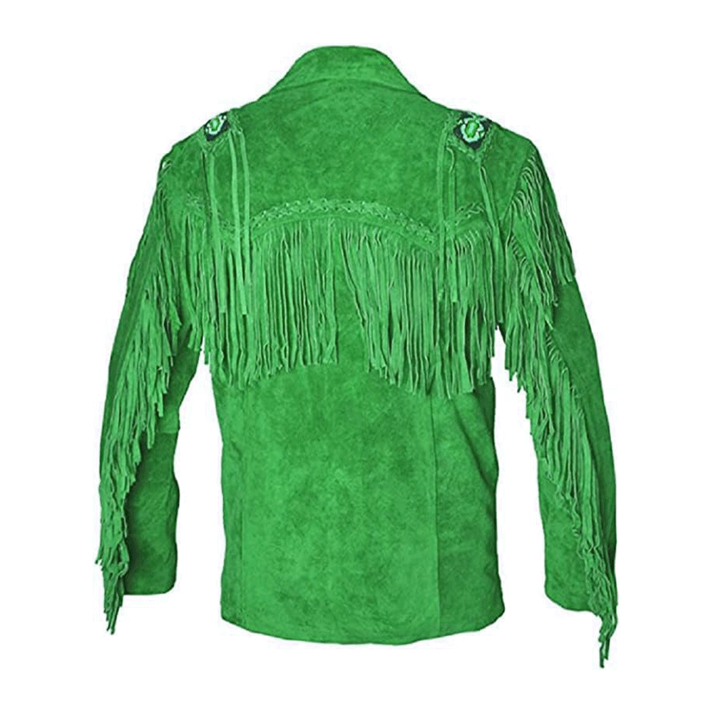 Green Suede Leather Native Beaded Fringe Jacket for Mens NSJ554