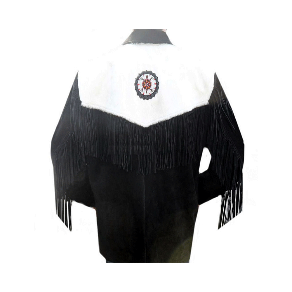 Black Suede Leather Native Beaded Fringe Jacket for Mens NSJ318
