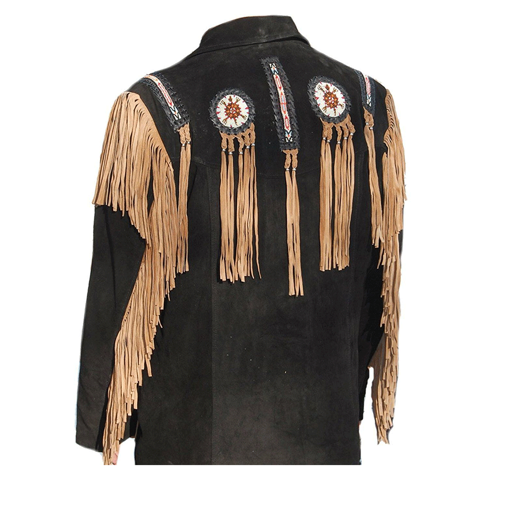 Black Suede Leather Native Beaded Fringe Jacket for Mens NSJ320