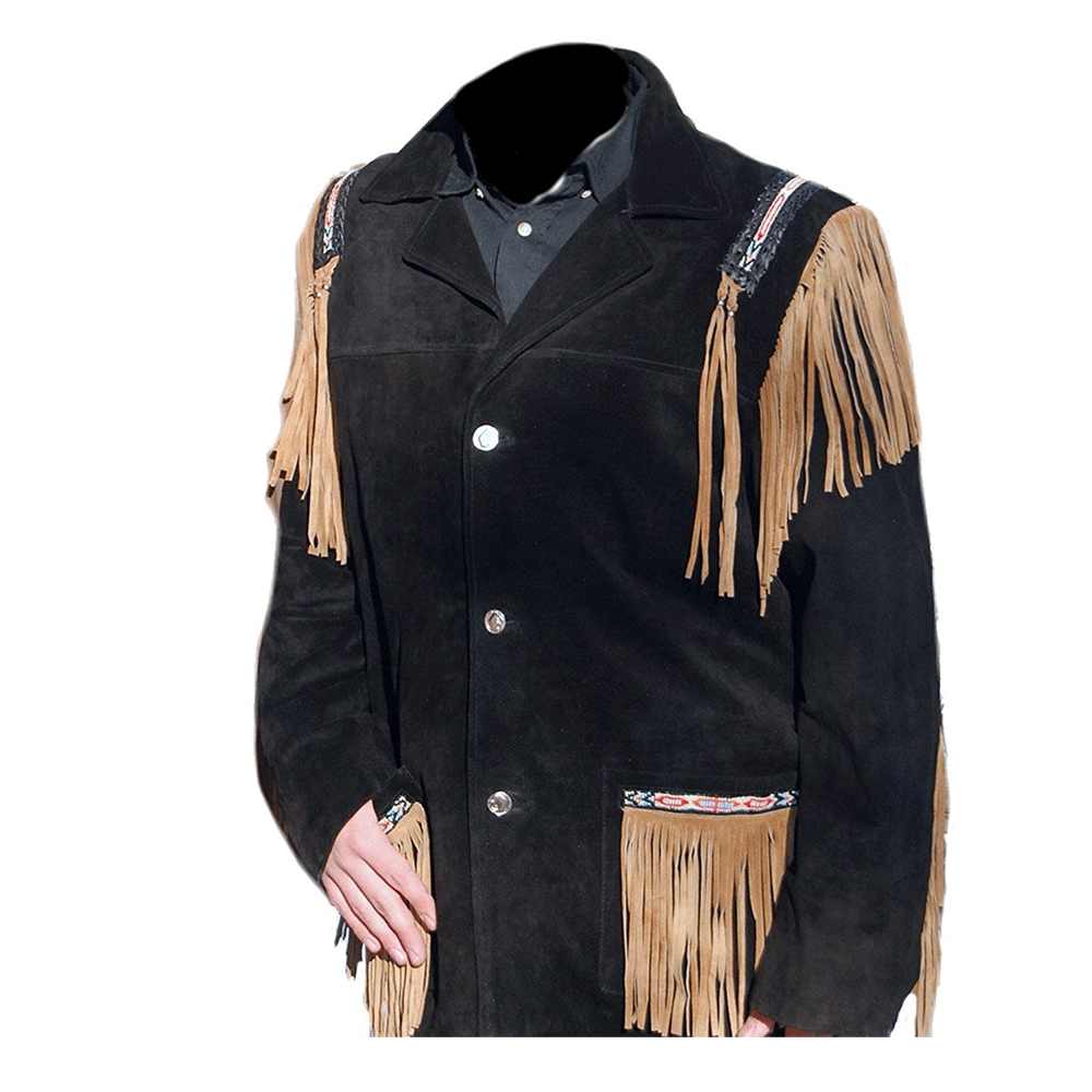 Black Suede Leather Native Beaded Fringe Jacket for Mens NSJ320