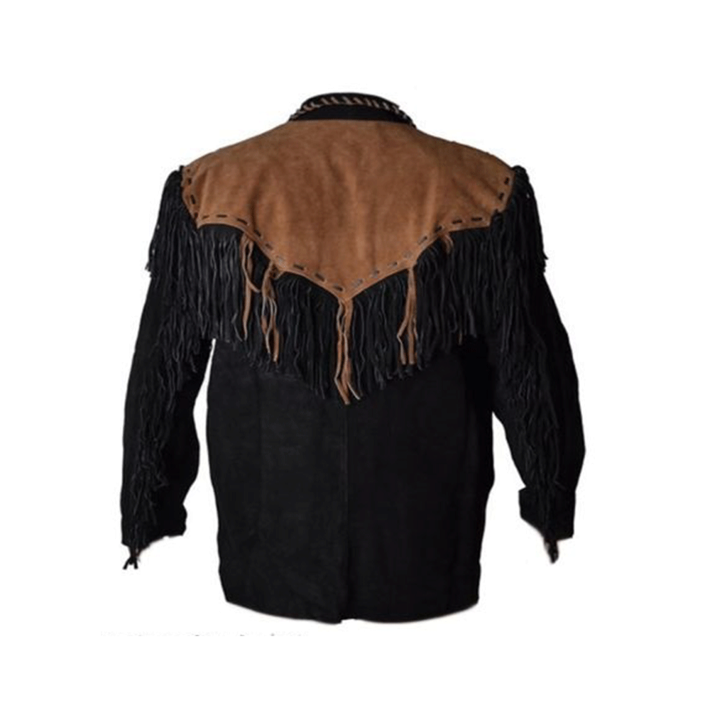 Black Suede Leather Native Beaded Fringe Jacket for Mens NSJ321
