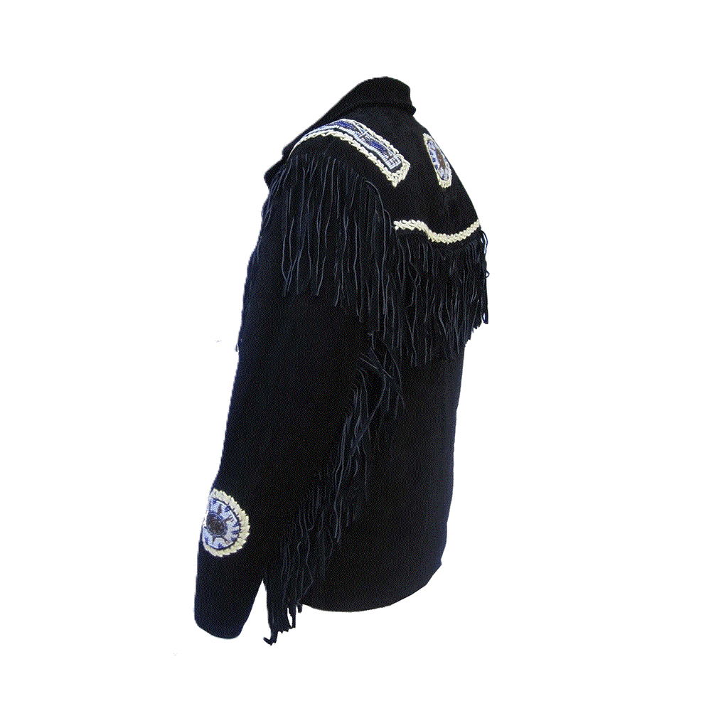 Black Suede Leather Native Beaded Fringe Jacket for Mens NSJ323