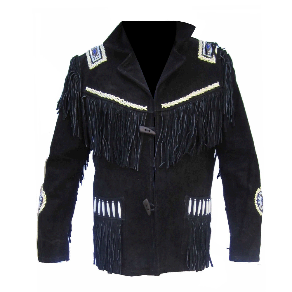 Black Suede Leather Native Beaded Fringe Jacket for Mens NSJ323