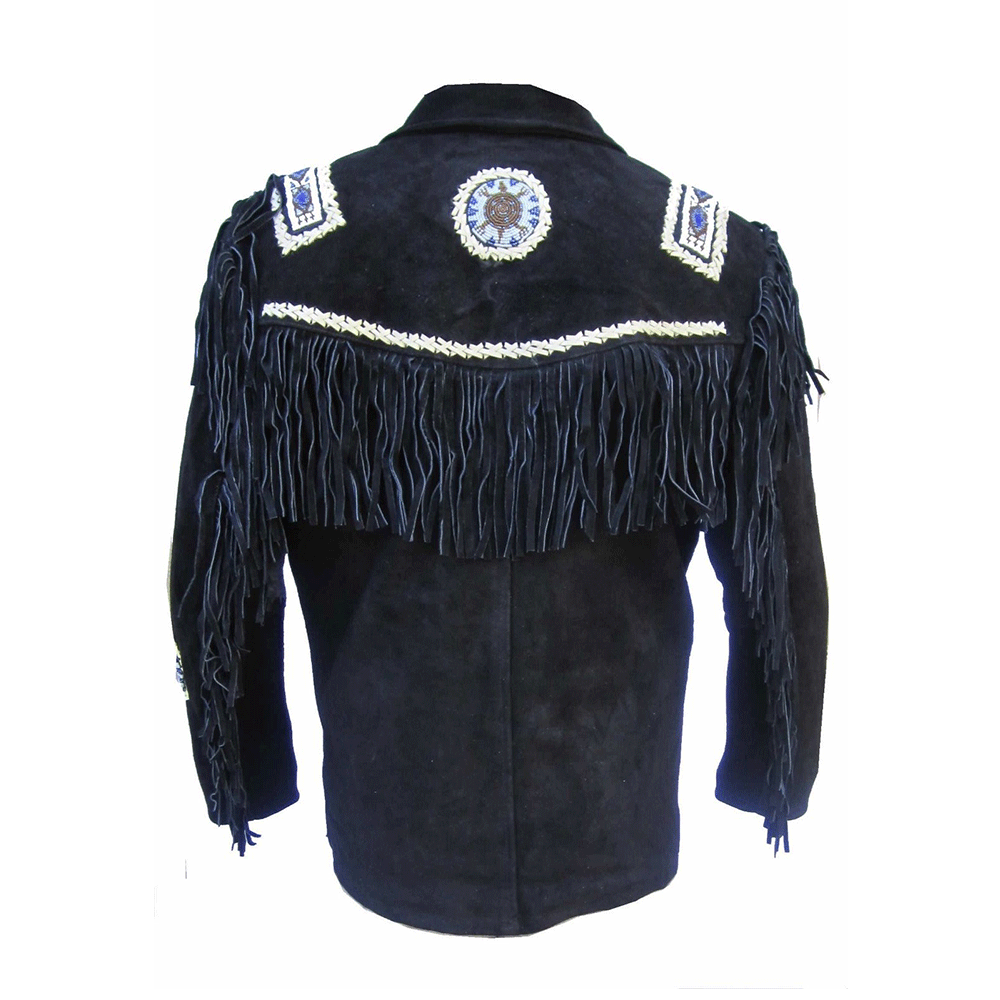 Black Suede Leather Native Beaded Fringe Jacket for Mens NSJ323