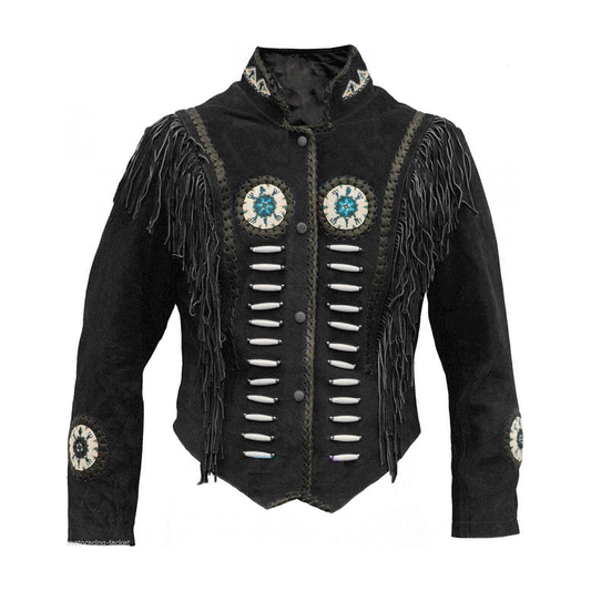 Black Suede Leather Native Beaded Fringe Jacket for Mens NSJ324