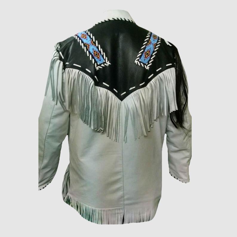 White Leather Native Beaded Fringe Jacket for Mens NSJ707