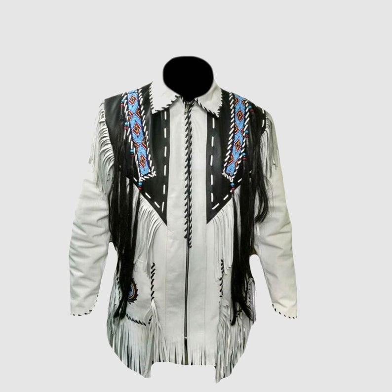 White Leather Native Beaded Fringe Jacket for Mens NSJ707