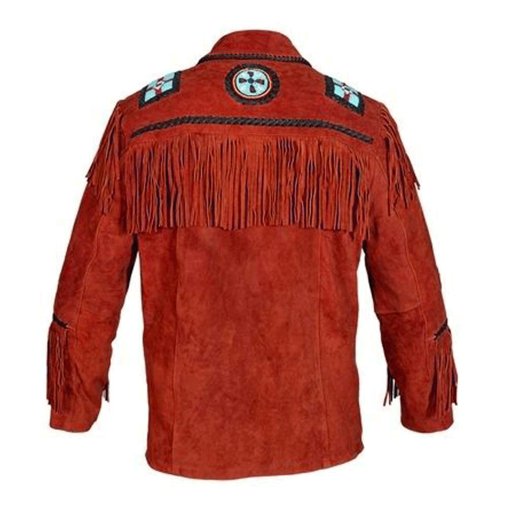 Red Suede Leather Native Eagle Beaded Fringe Jacket for Mens NSJ628