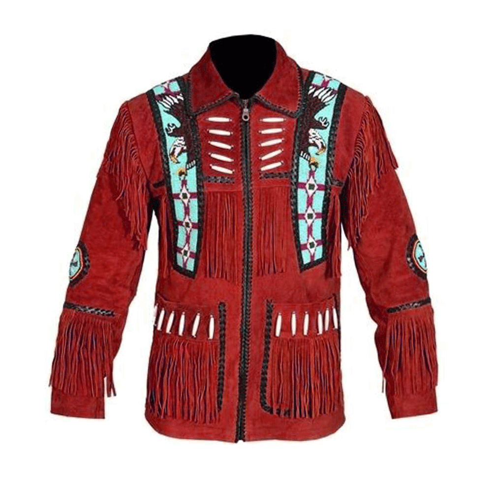 Red Suede Leather Native Eagle Beaded Fringe Jacket for Mens NSJ628