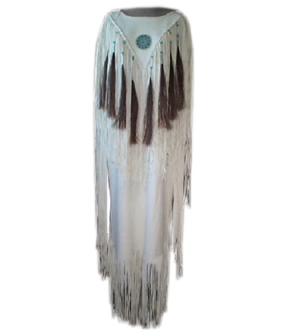 Native Women White Leather Long Fringes Wedding Dress Powwow Regalia PWD107
