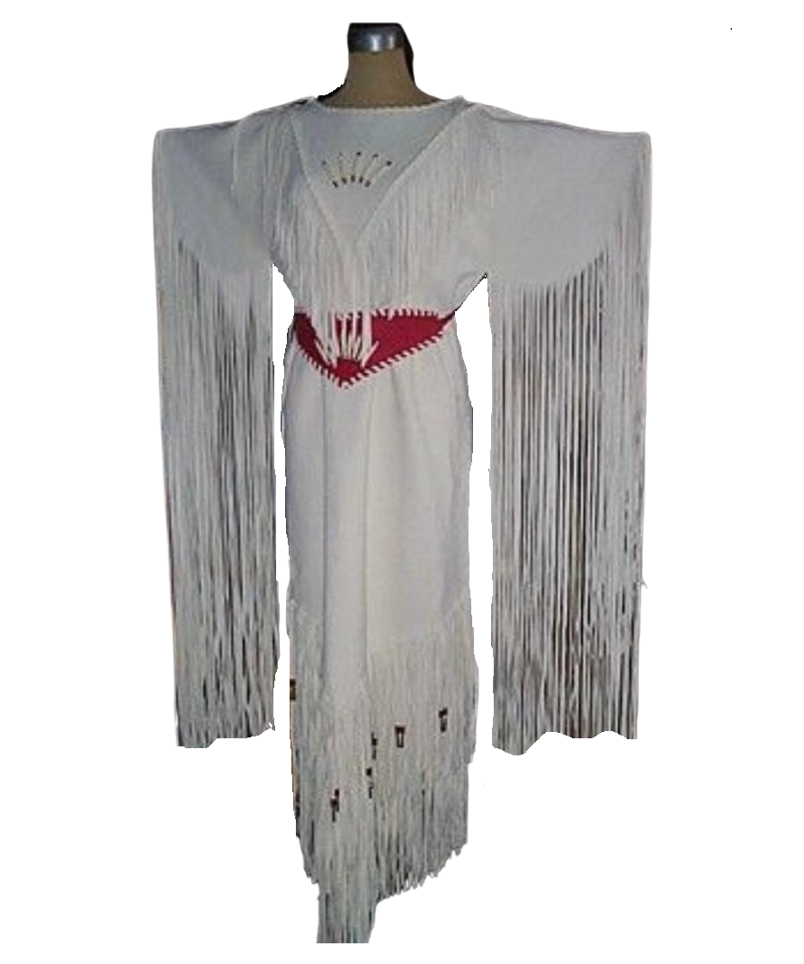 Native Women White Leather Long Fringes Wedding Dress Powwow Regalia PWD109