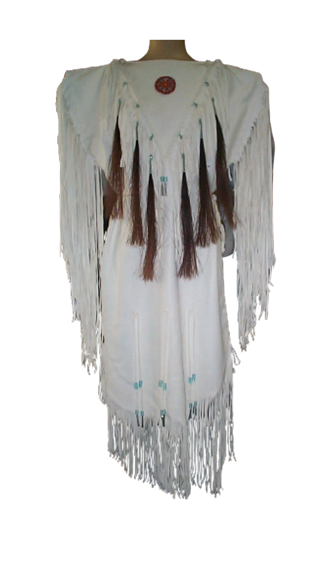 Native Women White Leather Long Fringes Wedding Dress Powwow Regalia PWD101