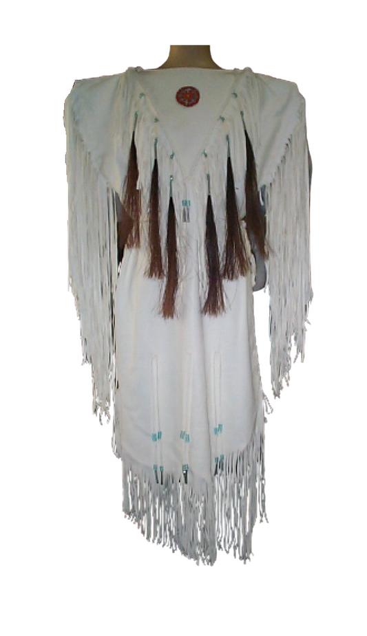 Native Women White Leather Long Fringes Wedding Dress Powwow Regalia PWD101