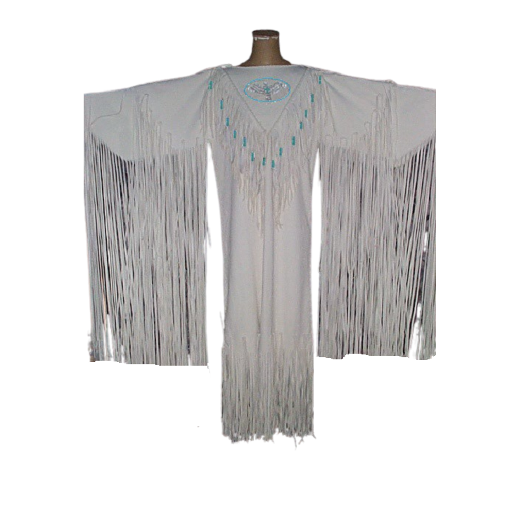 Native Women White Leather Long Fringes Wedding Dress Powwow Regalia PWD104
