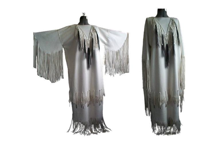 Native Women White Leather Long Fringes Wedding Dress Powwow Regalia PWD105