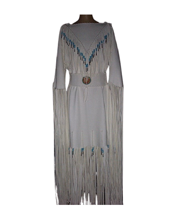 Native Women White Leather Long Fringes Wedding Dress Powwow Regalia PWD106