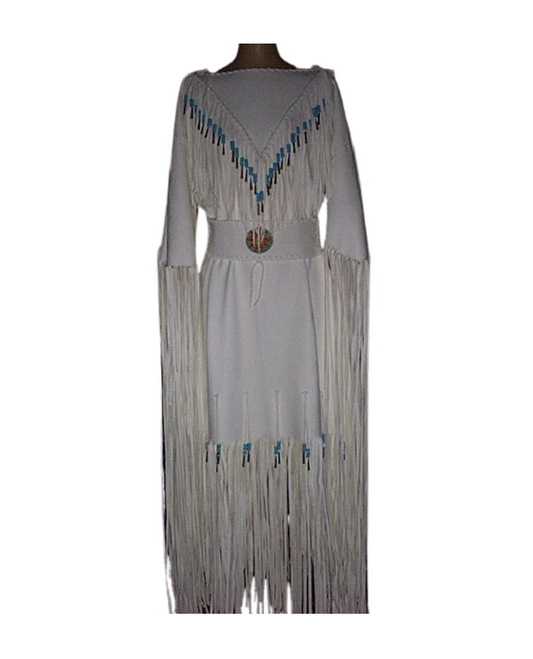 Native Women White Leather Long Fringes Wedding Dress Powwow Regalia PWD106