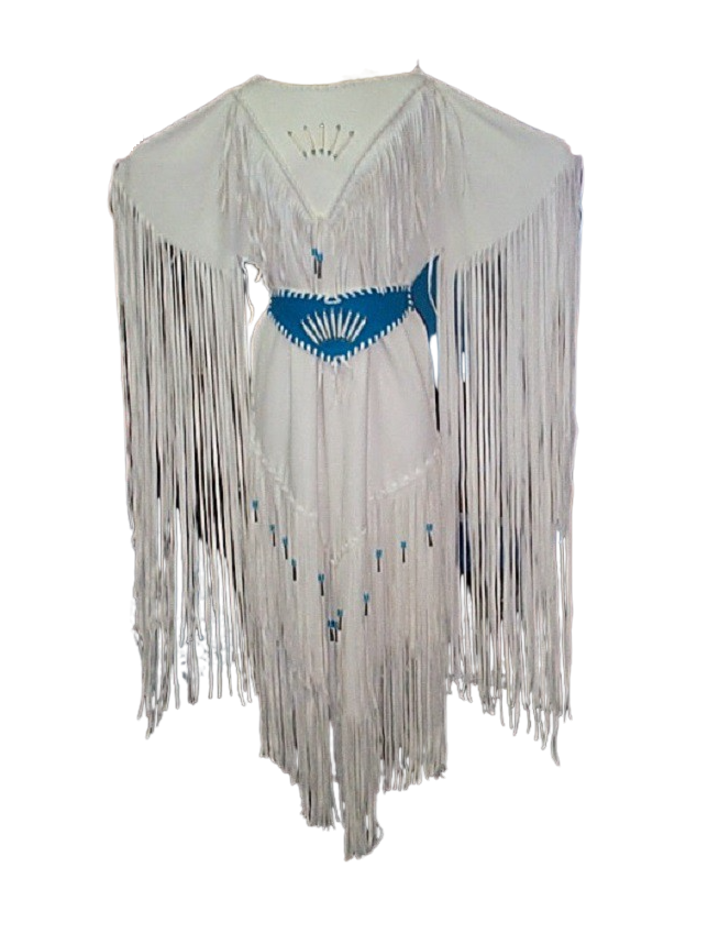 Native Women White Leather Long Fringes Wedding Dress Powwow Regalia PWD108